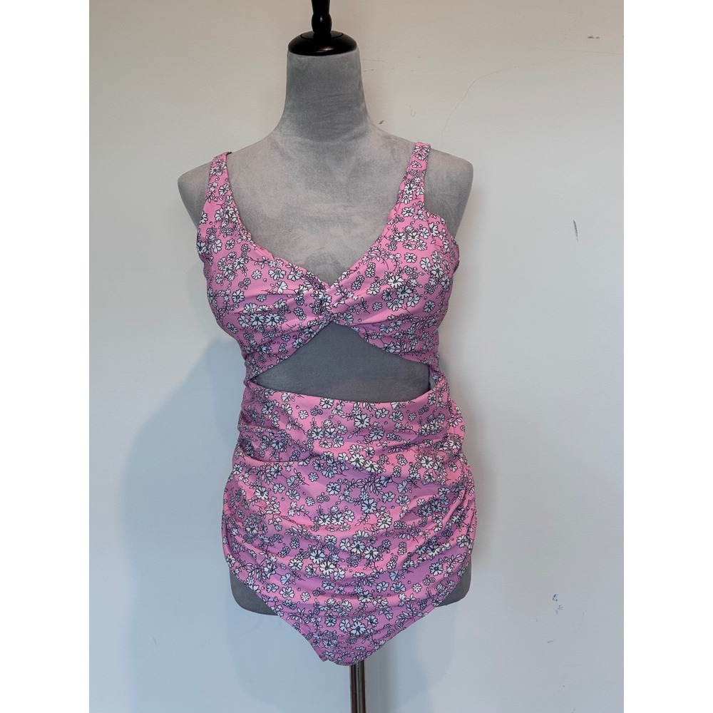 Pink Floral Twist Front Cutout One Piece Swimsuit XXL Ruched Side Swimwear